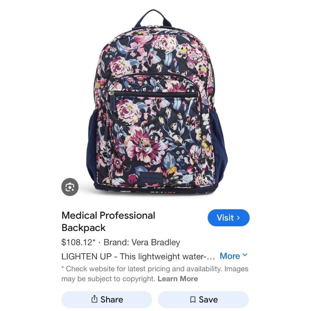 Vera Bradley Floral XL Backpack Navy & Pink With Multiple Compartments - Picture 11 of 11